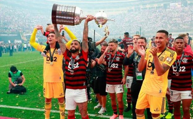 Los jugadores del Flamengo celebran su último título en la Libertadores. </p><p>