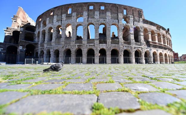 Una paloma picotea en la explanada del Coliseo de Roma, que muestra una insólita imagen sin turistas./efe
