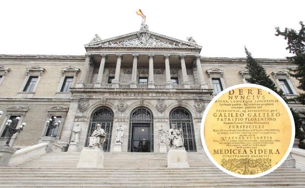 Fachada de la sede de la Biblioteca Nacional en Madrid, donde el original de 'Sidereus nuncius' (dcha.) se cambió por una falsificación. 