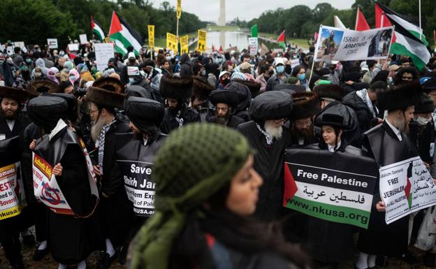 Más de un millar de personas se manifestaron este fin de semana en Washington para pedir el fin de las ayudas de EE UU a Israel./AFP