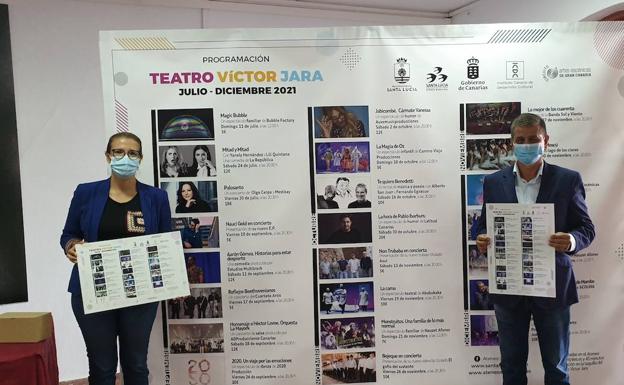La edil de Cultura y el alcalde posan con el cartel de la programación del Víctor Jara. /C7