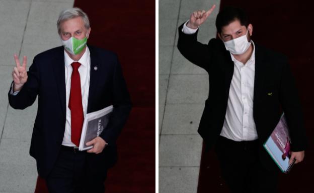 A la derecha, el candidato del Partido Republicano, José Antonio Kast. A la izquierda, el candidato del Frente Amplio, Gabriel Boric.
