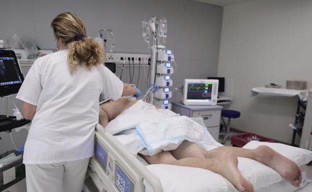 Una enfermera realiza una ecografía a una paciente en la UCI del Hospital Enfermera Isabel Zendal