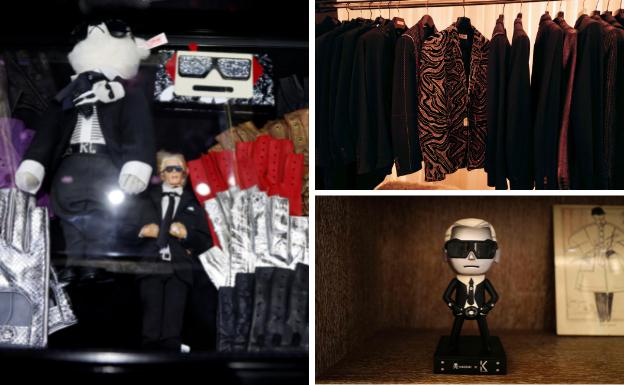 Guantes, como los de la imagen superior, chaquetas (dcha.) y un muñeco de la marca Tokidoki (izda.) inspirado en Karl Lagerfeld son algunos de los objetos que se exhiben antes de que se subasten./AFP Y REUTERS