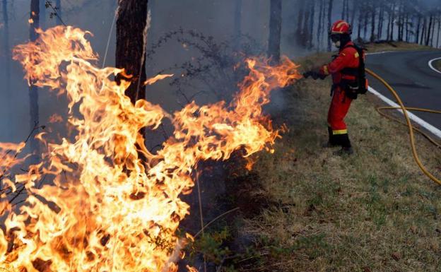 Imagen de un bombero mientras trabaja en las labores de extinción del incendio./AGENCIAS