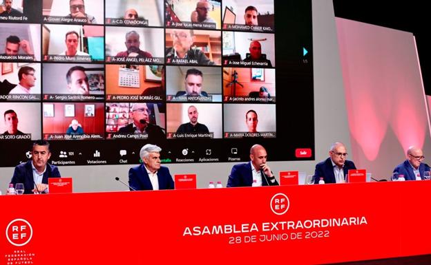 Luis Rubiales, en el centro, preside la Asamblea General Extraordinaria de la FEF. 