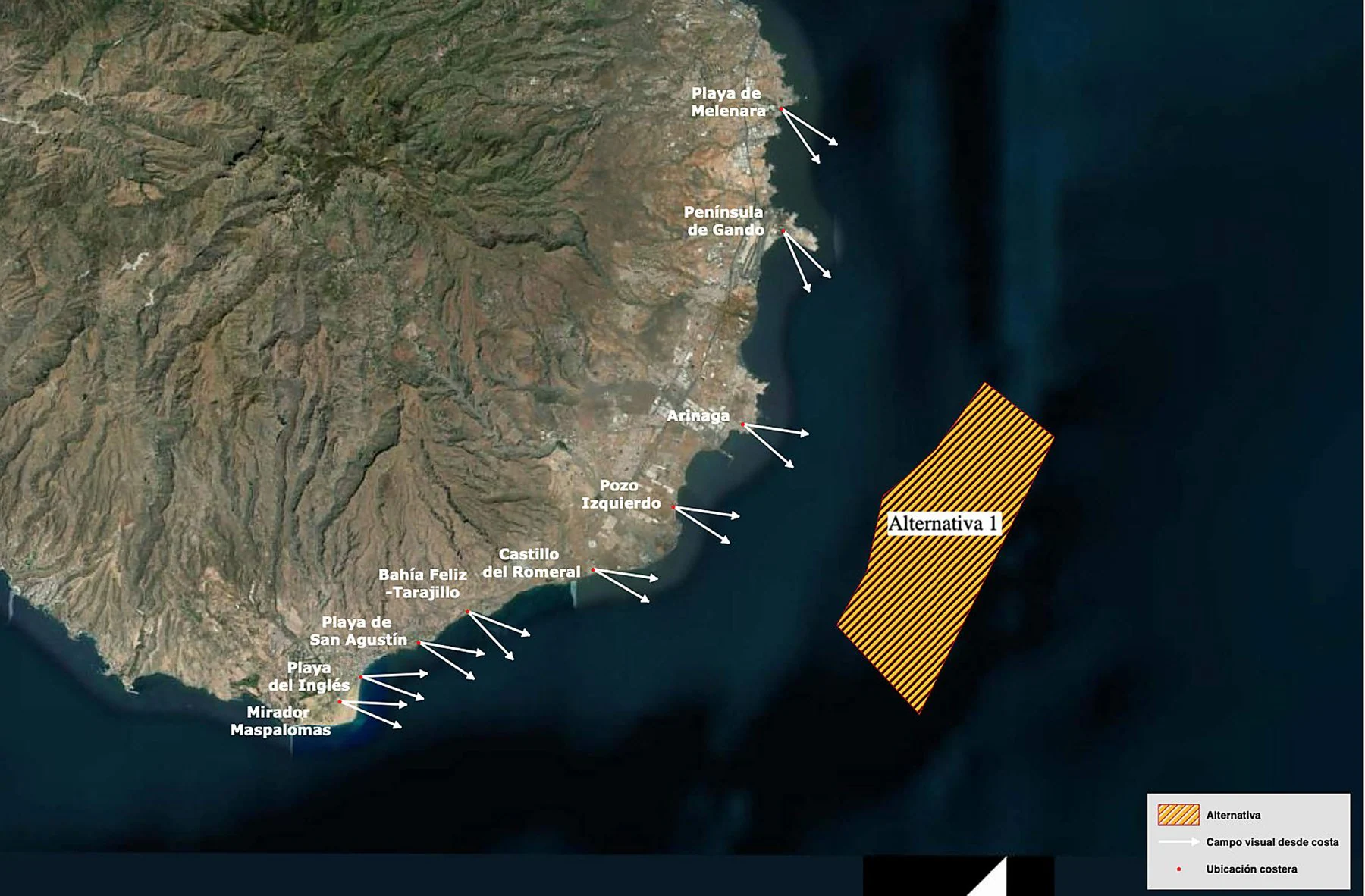 Infografía de la afección visual de Pejeverde, en la ubicación elegida, desde distintos puntos del litoral. / C7