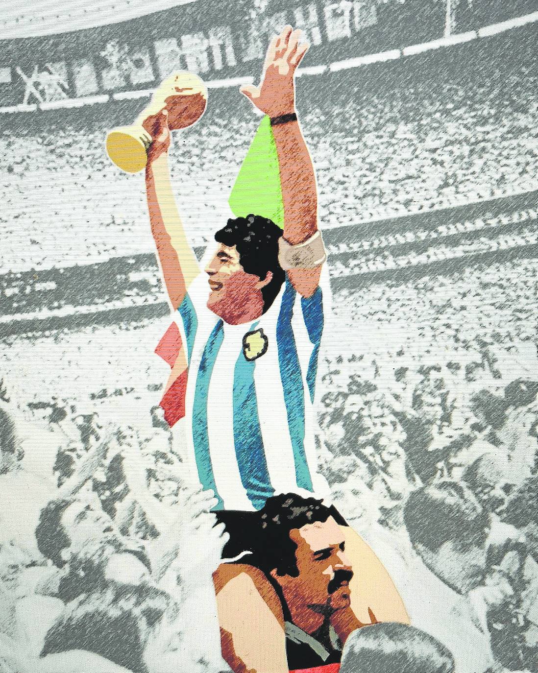 Ilustraciónde Javier Rodríguez Fajardo del histórico momento de Maradona en México '86 y a hombros de Cejas./