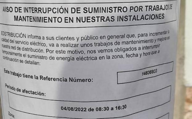 Uno de los avisos de interrupción del suministro eléctrico distribuidos por Ingenio. 