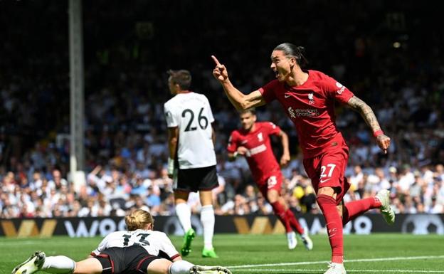 Darwin Núñez celebrates his first Premier League goal in a Liverpool shirt.