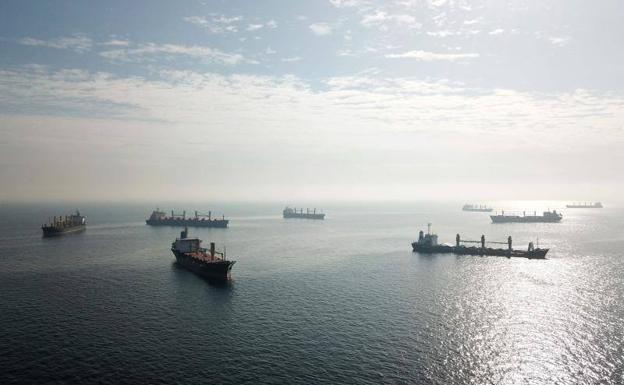 Vista aérea de buques esperando a ser inspeccionados para atravesar el Estrecho del Bósforo, este lunes./Ozan KOSE / AFP